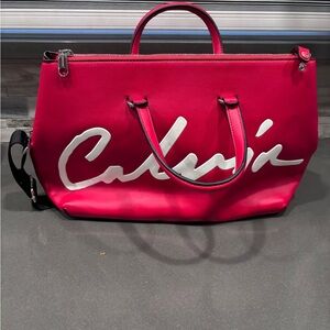 Calvin Klein sculpted satchel. Red and White Tote. Black nylon strap